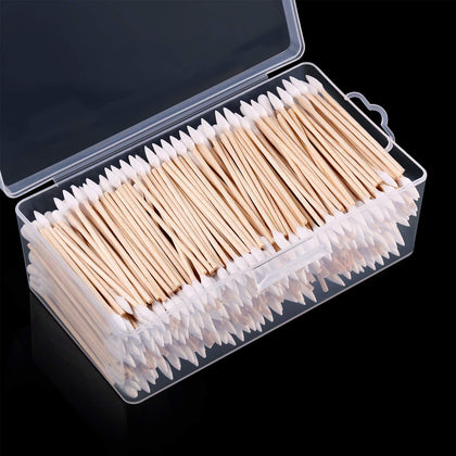 Norme 500 Pieces Cleaning Swabs, Pointed/Round Tip with Wooden Handle Cleaning Swabs Buds for Jewelry Ceramics Electronics in Storage Case (3 Inch, Pointed Tip)