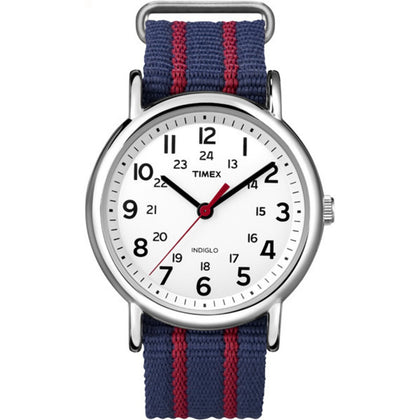 Timex Unisex Weekender 38mm Watch - Silver-Tone Case White Dial with Blue & Red Fabric Slip-Thru Strap