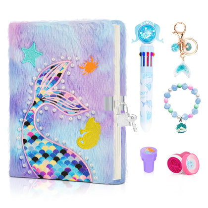 homicozy Mermaid Diary for Girls with Lock and Keys,Tie-Dye Fuzzy Journal for Kids with 160 Lined Pages,Fluffy Secret Notebook for Writing and Drawing,Gifts for Girls Over 3 Years Old,Purple