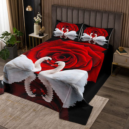 Erosebridal Red Rose Bedspread Set Black and White Swan Quilted Queen Bed Set,Birds Coverlet Set Romantic Flower Quilt Set Wild Animals Bedroom Decor for Girls Woman Lady Wedding Decorations