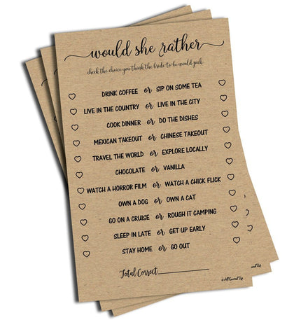 Would She Rather Game - Kraft (50-Sheets) Rustic Bridal Wedding Shower or Bachelorette Party Game, Printed Engagement Rehearsal (Large Size Sheets)