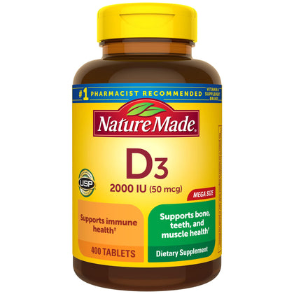 Nature Made Vitamin D3 2000 IU (50 mcg), Dietary Supplement for Bone, Teeth, Muscle and Immune Health Support, 400 Tablets, 400 Day Supply