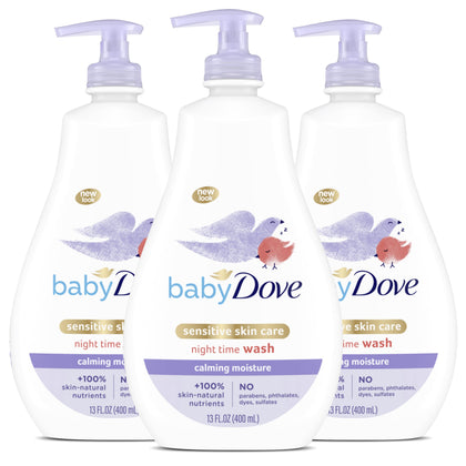Baby Dove Calming Moisture Sensitive Skin Night Time Wash, 3 Pack Hypoallergenic and Tear-Free Bath Wash, Scented, Suitable for Newborns, 400 ml (3x 13.52 oz)