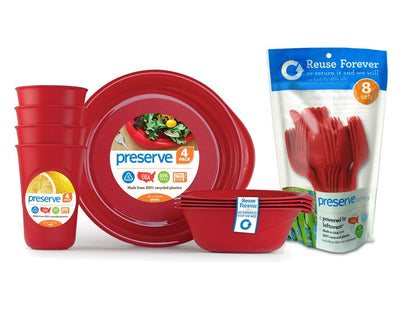 Preserve Reusable BPA Free Everyday Tableware Set with Cutlery Made from Recycled Plastic: 4 Plates, 4 Bowls, 4 Cups and 24 pieces of Cutlery, Pepper Red