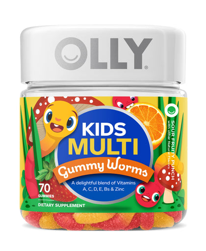 OLLY Kids Multivitamin Gummy Worms, Overall Health and Immune Support, Vitamins and Minerals A, C, D, E, Bs and Zinc, Chewable Supplement, Sour Fruit Punch, 45 Day Supply (70 Count)