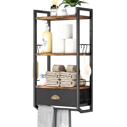 Bathroom Storage Organizer Wall Mounted, 3 Tier Bathroom Towel Rack Shelf with Storage Drawer Double Towel Bars and Hooks, Industrial Bathroom Shelves Over Toilet, Rustic Black and Brown (A)
