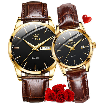 OLEVS Couple Watch His and Her Watches Set Classic Brown Leather Analog Quartz Matching Romantic Men Women Wrist Watches Waterproof Date Pair Watch