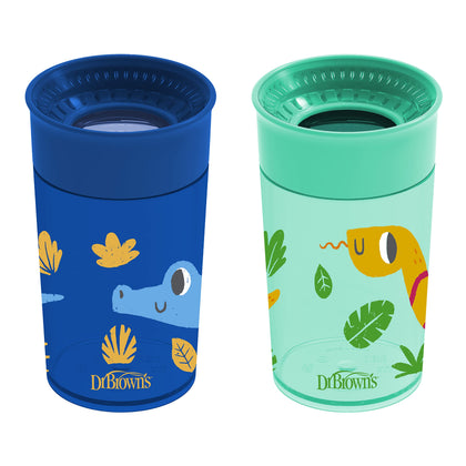 Dr. Brown's Milestones Cheers 360 Cup Spoutless Transition Cup, Travel Friendly & Leak-Free Sippy Cup, Blue Alligator - Turquoise Snake, 10 oz/300 mL, 2 Pack