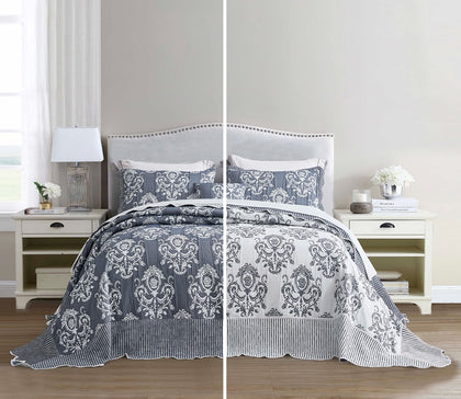 HZ&HY Oversized King Bedspread 128x120 Extra Wide, Jacquard Matelasse Damask Pattern Design, Lightweight, Reversible, 5 Piece, 100% Microfiber, King/Cal King, Dark Blue