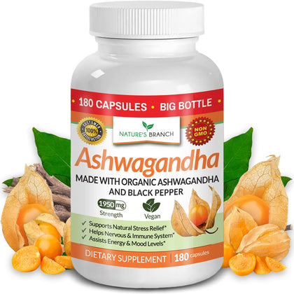 Organic Ashwagandha with Black Pepper - ?????? ???????????????? - 1950mg Extra Strength for Stress and Mood, Sleep, Thyroid, Focus, Hair Pure Root Extract Powder - Vegan Supplements for Men and Women