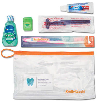 Practicon Adult Dental Care Kit, Travel Size Bundle w/Toothbrush with Cover, Crest Toothpaste, Floss, Tongue Cleaner and Scope Mouthwash, TSA Compliant Oral Care Kit