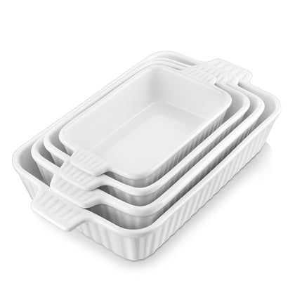 MALACASA Casserole Dishes for Oven, Porcelain Dishes, Ceramic Bakeware Sets of 4, Rectangular Lasagna Pans Deep with Handles for Baking Cake Kitchen, White (9.4
