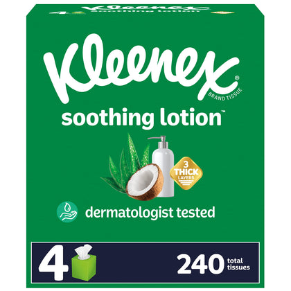 Kleenex Soothing Lotion Facial Tissues with Coconut Oil, 4 Cube Boxes, 60 Tissues per Box, 3-Ply (240 Total Tissues), Packaging May Vary