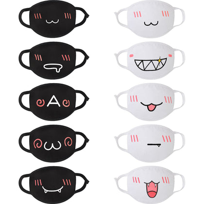 Zhanmai 10 Pieces Kawaii Mask Anime Face Mouth Mask Cute Mouth Covering Reusable Washable Mouth Mask for Women Girls Kids, Black and White (Cute Style)