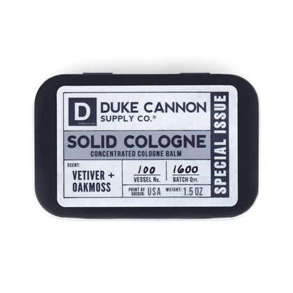 Duke Cannon Supply Co. Solid Cologne for Men Special Issue Vetiver + Oakmoss (Fresh Air, Sandalwood) - Concentrated Balm, Travel-Friendly Tin, Made with Natural & Organic Ingredients 1.5 oz (1 unit)