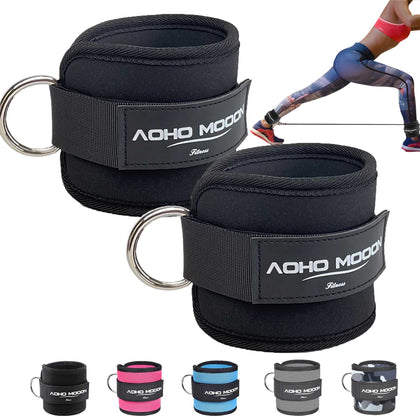 AOHO MOOON Comfortable Adjustable Padded Ankle Wrist Cuffs Neoprene Padded Straps D-Ring Glute Kickback for Cable Machine, Ideal for Glutes Exercises (Pair, Black)