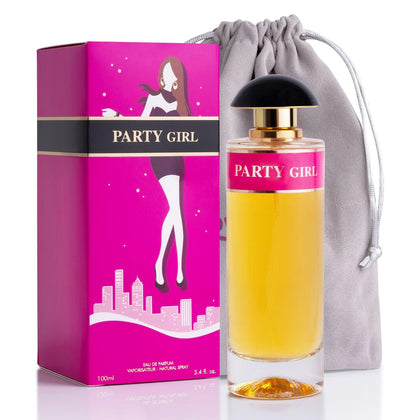 NovoGlow Party Girl for Women - Sweet Top Layer with Middle Layer of Powdery Notes & Musk - Aroma of Caramel, Vanilla & Toasted Nuts - Scent for Any Occasion - Elegant 100ml Bottle with Suede Pouch