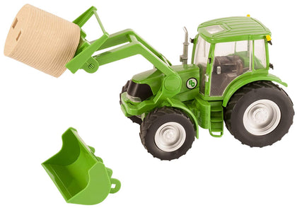 Big Country Toys Tractor & Implements, 1:20 Scale, Toy Tractor with Hay Bale and Bucket Attachment, Working Doors, Green, Ages 3 and Up
