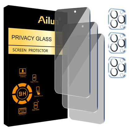 Ailun 3Pack Privacy Screen Protector for iPhone 15 Pro Max [6.7 inch]+3Pack Camera Lens Protector,Sensor Protection,Dynamic Island Compatible,Anti Spy Tempered Glass[9H Hardness]-HD[Black][6 Pack]
