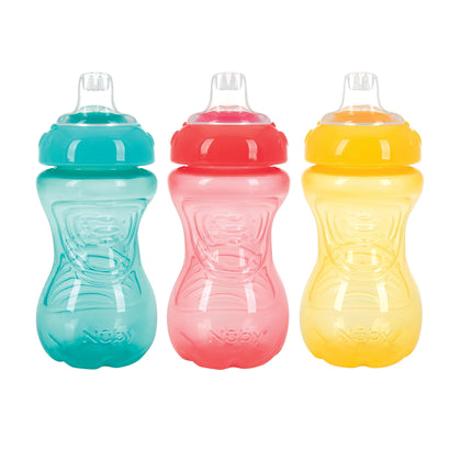 Nuby 3-Pack No-Spill Soft Spout Easy Grip Cup, 10oz, 3 PK - Aqua, Coral, Yellow