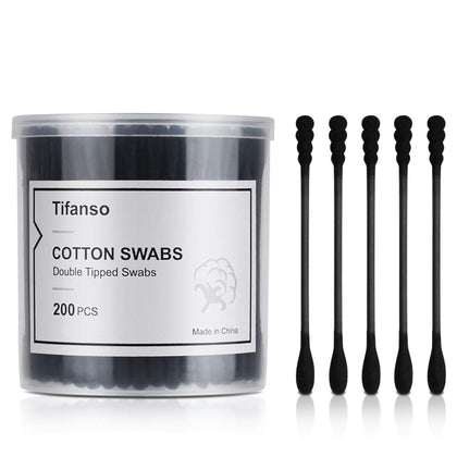 tifanso 200 Count Black Cotton Swabs, Natural Black Double Tipped Cotton Buds, Cruelty-Free Ear Swabs, Chlorine-Free Hypoallergenic