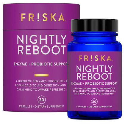 FRISKA Nightly Reboot Enzyme and Probiotics Supplement, Promotes Better Digestion and Sleep, Supports Gut Health for Men and Women, Melatonin, Chamomile, 30 Capsules