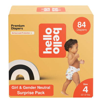 Hello Bello Diapers, Size 4 (22-37 lbs) Surprise Pack for Girls - 84 Count of Premium Disposable Baby Diapers, Hypoallergenic with Soft, Cloth-Like Feel - Assorted Girl & Gender Neutral Patterns
