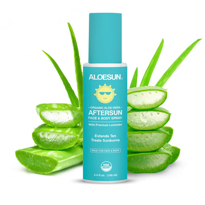 ALOESUN After Sun Face and Body Spray | Organic Aloe Vera for Sunburn Relief with Pure Lavender Essential Oil | Natural Aftersun Skin Moisturizer | Tanning Redness Treatment | Travel Size 3.4 Fl Oz