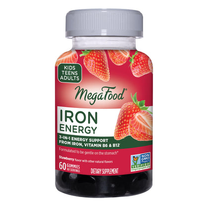 MegaFood Iron Energy Gummies - Vegan & Gluten-Free Iron Supplement for Women, Men, Teens & Kids with Vitamin B12 & B6, from The Makers of Blood Builder Iron Supplement, Strawberry Flavor - 60 Gummies