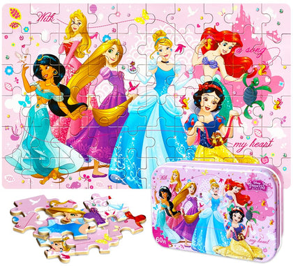 NEILDEN Disney Princess Jigsaw Puzzles for Kids Ages 4-8,60 Pieces Packed in Tin Box,Learning Educational Puzzles for Children Girls and Boys,Puzzle Size:9.2