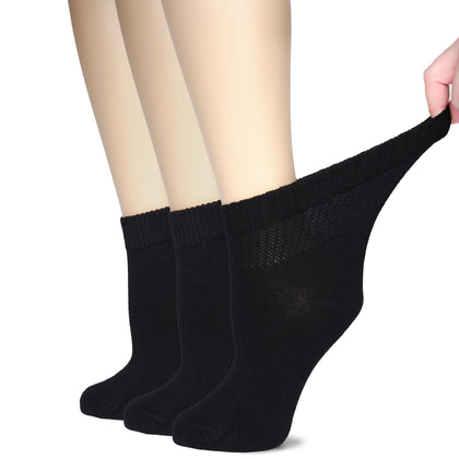 Hugh Ugoli Women's Bamboo Ankle Loose Fit Diabetic Socks, Soft, Seamless Toe, Wide Stretchy, Non-Binding Top, 3 Pairs, Black, Shoe Size: 10-12