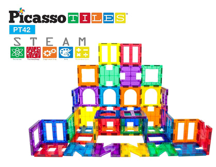 PicassoTiles 42 PCs Magnetic Tile Building Block Set with Unique See-Through Shapes Constructing Different Type of Building Playset Educational STEM Learning Kit Colorful Blocks for Kids Ages 3+
