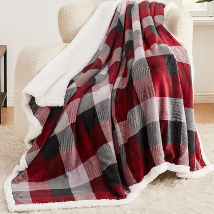 L'AGRATY Sherpa Throw Blanket - Fleece Fluffy Warm Blanket for Couch - 50''x60'' Double Reversible Thick Plush Blanket for Bed - Fuzzy Throw Plaid Checkerboard Blanket for Sofa (Red - Black)