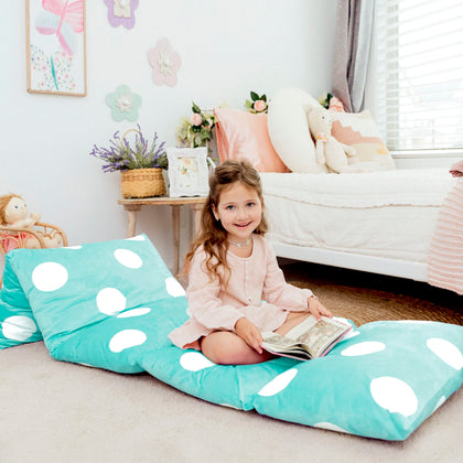 Butterfly Craze Floor Pillow Case, Mattress Bed Lounger Cover, Polka Aqua, King, Cozy Seating Solution for Kids & Adults, Recliner Cushion, Perfect for Reading, TV Time, Sleepovers, & Toddler Nap Mat