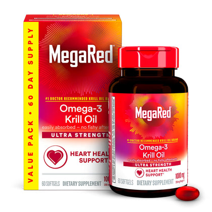 MegaRed #1 Doctor Recommended Krill Oil Brand - 1000mg Omega 3 Supplement with EPA, DHA, Astaxanthin & Phospholipids, Supports Heart, Brain, Joint and Eye Health, No Fish Aftertaste 60 Softgels
