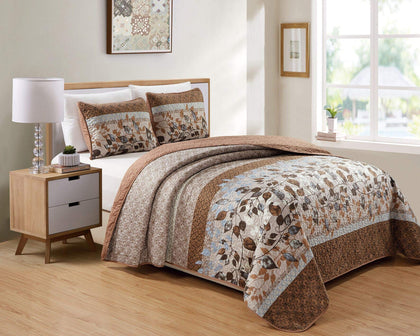 Kids Zone Home Linen Bedspread Set Brown Tan Sky Blue Leaves White New (Twin/Twin Extra Long)