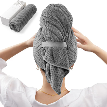 YFONG Large Microfiber Hair Towel Wrap for Women, Hair Drying Towel with Elastic Strap, Fast Drying Hair Turbans for Wet Hair, Long, Thick, Curly Hair, Super Soft Hair Wrap Towels Dark Gray