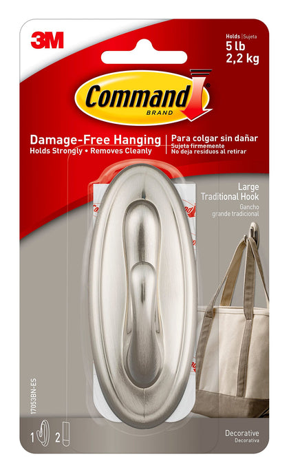 Command Large Traditional Plastic Hook, Brushed Nickel, 1-Hook, 2-Strips, Organize Damage-Free