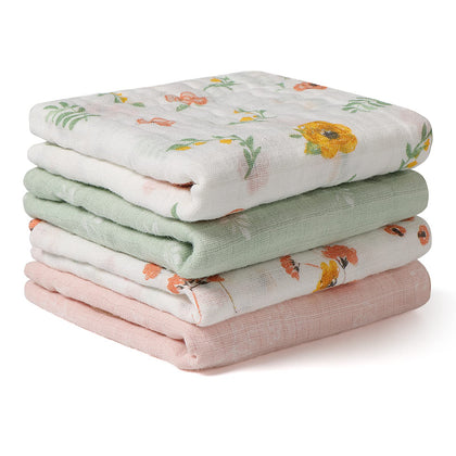 softan Baby Muslin Burp Cloths, 100% Cotton Baby Washcloths, 6-Layer, Super Absorbent Bath Towel or Burp Cloths for Baby Girl Boy, Great Gift for Newborn Baby, 10 x 20 inch, 4 Pack, Leaves & Flowers