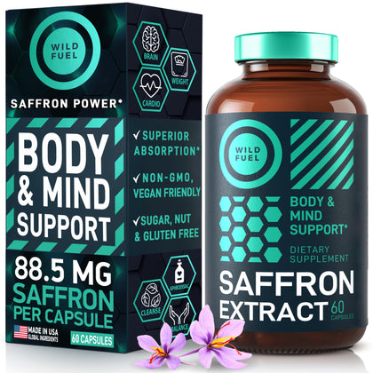 Saffron Extract Supplement - Mood Support Saffron Supplements - 0.3% Safranal 88.5mg Organic Saffron Extract - Antioxidant, Eye Health and Energy Support, Mood Booster - 60 Day Vegan Saffron Capsules