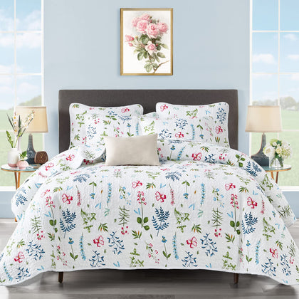 UOZZI BEDDING 3 Piece Reversible White Quilt Set King Size with Blue Green Leaves and Red Flowers Soft Microfiber Lightweight Floral Coverlet Bedspread for All Season