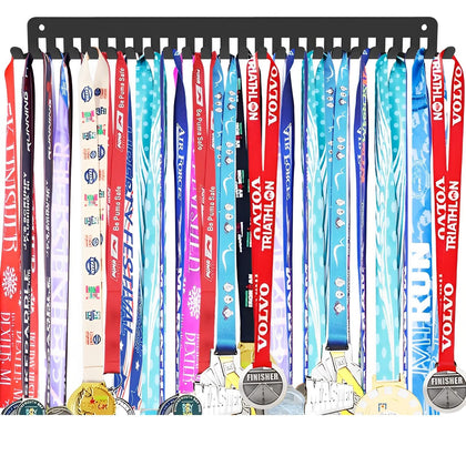 Ahomiwow Medal Holder Display Hanger Rack Metal Frame Storage Collector Sport Medals Hanging Bib Organzier 15.4 Inches Sturdy Wall Mounted for 60 Medals Easy to Install Running 24PCS Hooks 1 Pack