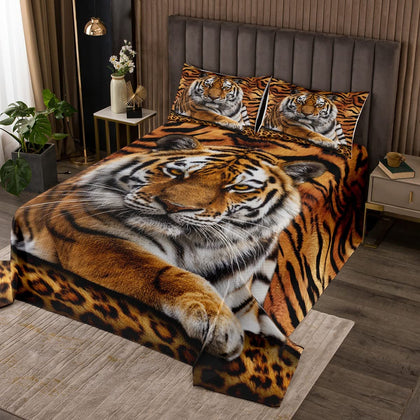 Manfei Tiger 3D Print Bedspread King Size Wild Animals Bedding Set 3pcs for Kids Teens Room Decor,Animal Fur Quilted Coverlet Soft Breathable Bedding Quilt with 2 Pillowcases