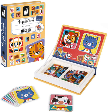 Janod Magnetibook 80 pc Magnetic Mix and Match Animal Faces Game for Creativity and Motor Skills. Book Shaped Travel/Storage Case Included - S.T.E.M.  Toy for Ages 3+, Multicolor