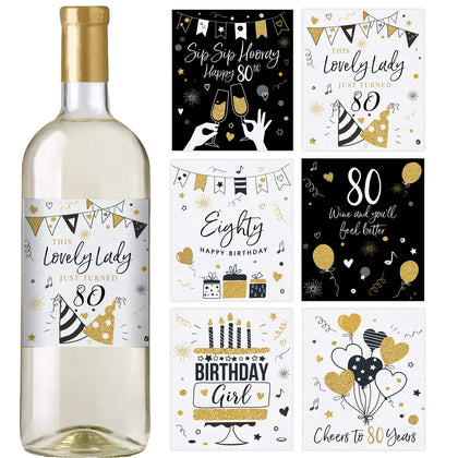 Printed Party 80th Birthday Wine Bottle Labels, Black and Gold, Set of 6