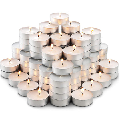 MontoPack Mini Tealight Candles in Bulk | 100 White, Small Votive Smokeless, Dripless & Long Lasting Paraffin Candles | for Home, Pool, Shabbat, Weddings & Emergencies, Unscented