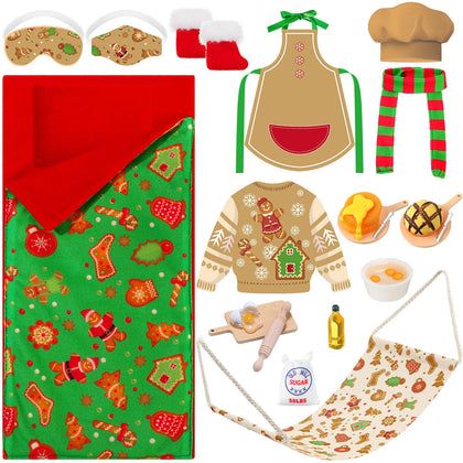Kacctyen 12 Pcs Sleeping Bag Elf Doll Baking Theme Christmas Accessories Includes Christmas Doll Sleeping Bag Bathrobe Apron Chef's Hat Scarf Glasses Pillow Eye Mask Shoes Mask Hammock Elf Doll Props