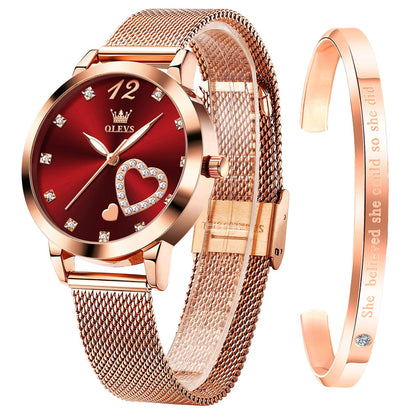 OLEVS Rose Gold Watch for Women Mesh Strap Fashion Dress Hearts Japanese Quartz Waterproof Luminous Ladies Watches Bracelet Sets Red