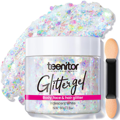 Teenitor Body Glitter, Face Glitter, White Glitter, 80g/2.8oz Face Body Glitter, Hair Glitter Gel, Rave Glitter, Mermaid Makeup Glitters for Kids