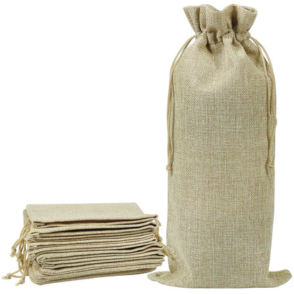 Shintop 10pcs Jute Wine Bags, 14 x 6 1/4 inches Hessian Wine Bottle Gift Bags with Drawstring (Brown)